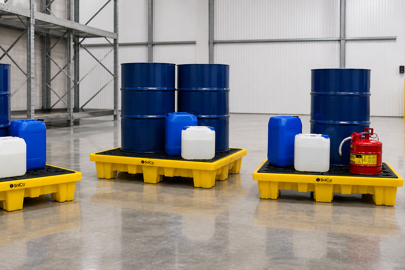 Estibas de Contención SolCo para almacenamiento seguro de sustancias peligrosas